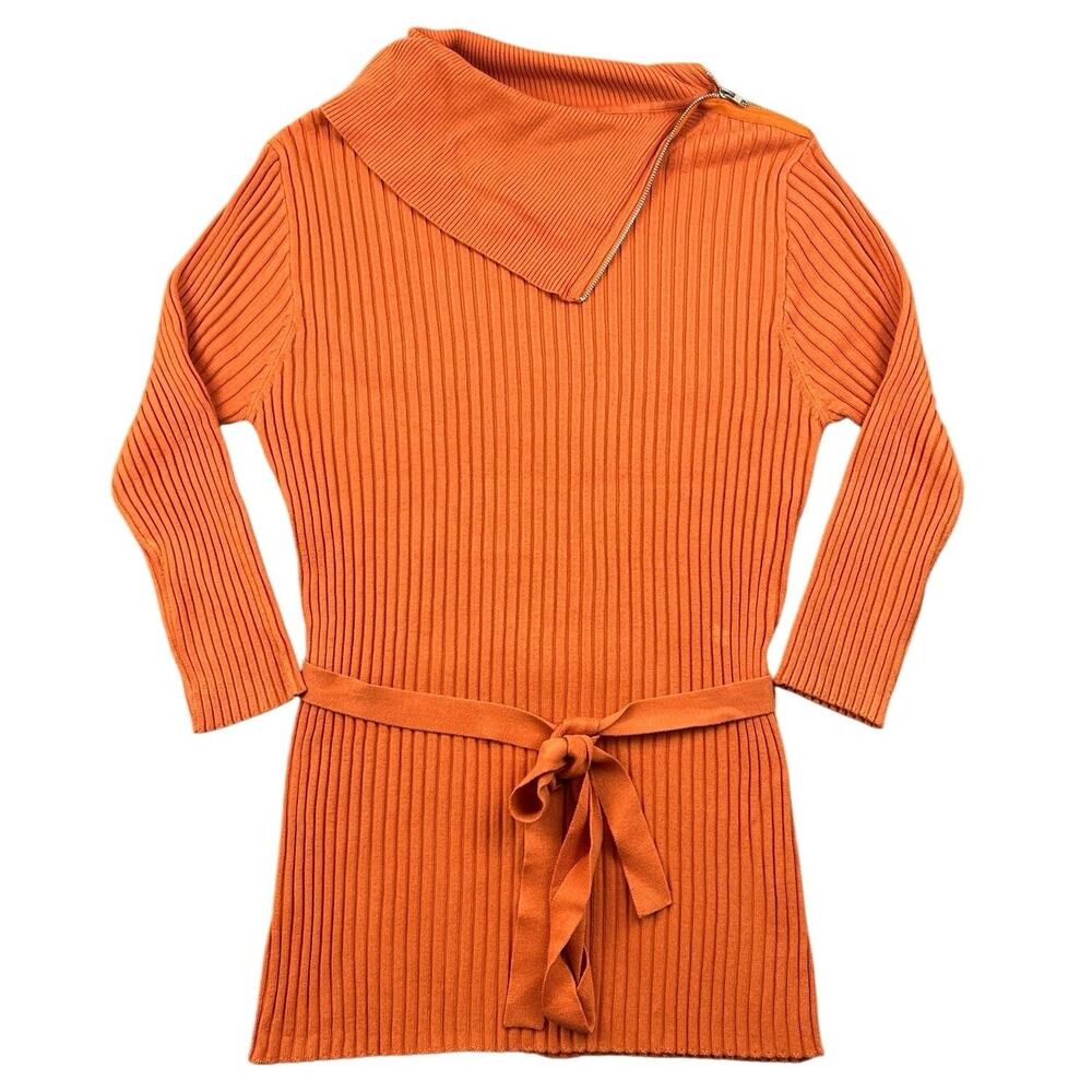 NWT United States Sweaters Ribbed Tunic Orange Sweater Gold Zip Collar Belt L